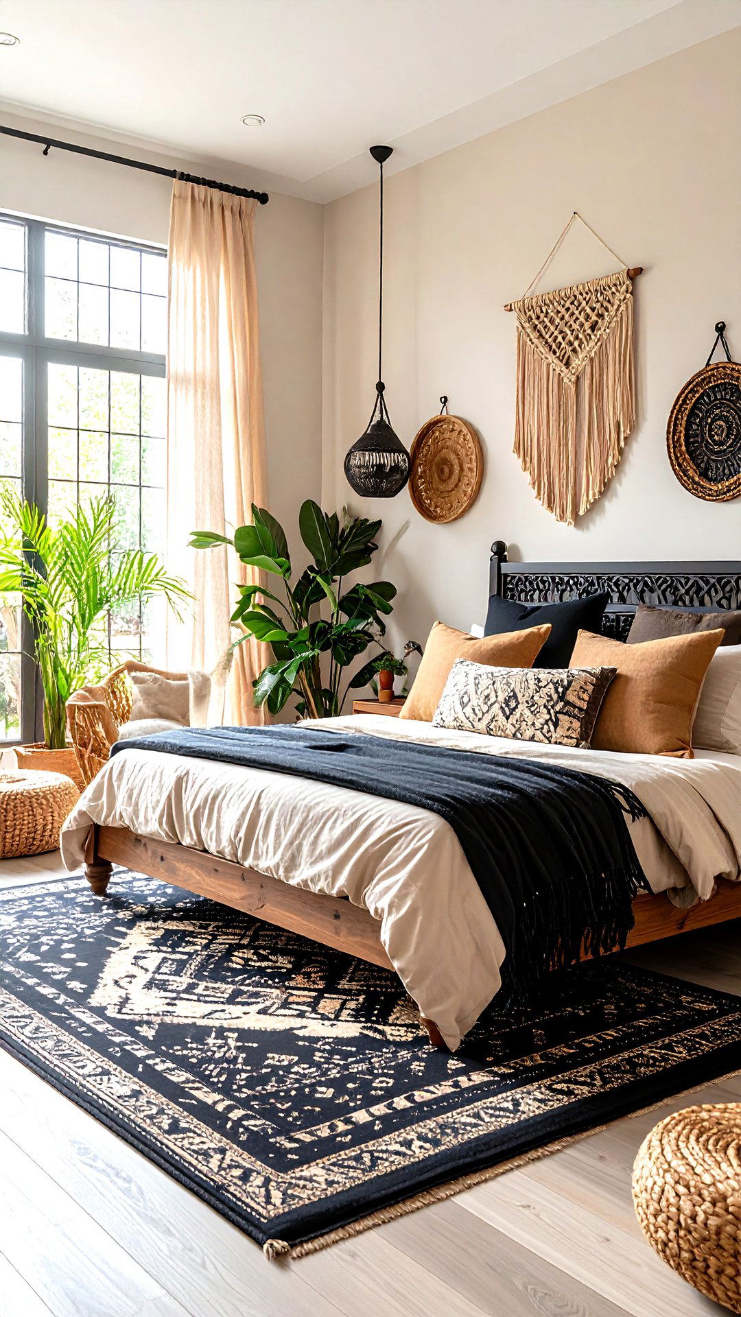 Global Boho Patterns in a Black and Beige Bedroom - 25 black and beige bedroom design ideas