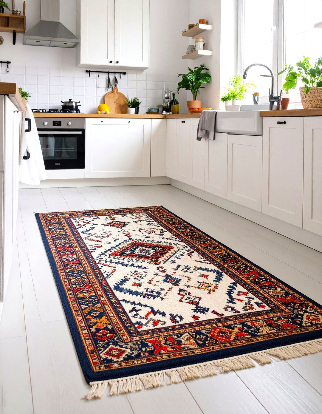 Global Inspired Runner Rug Grounds the Boho Kitchen - 25 boho kitchen ideas