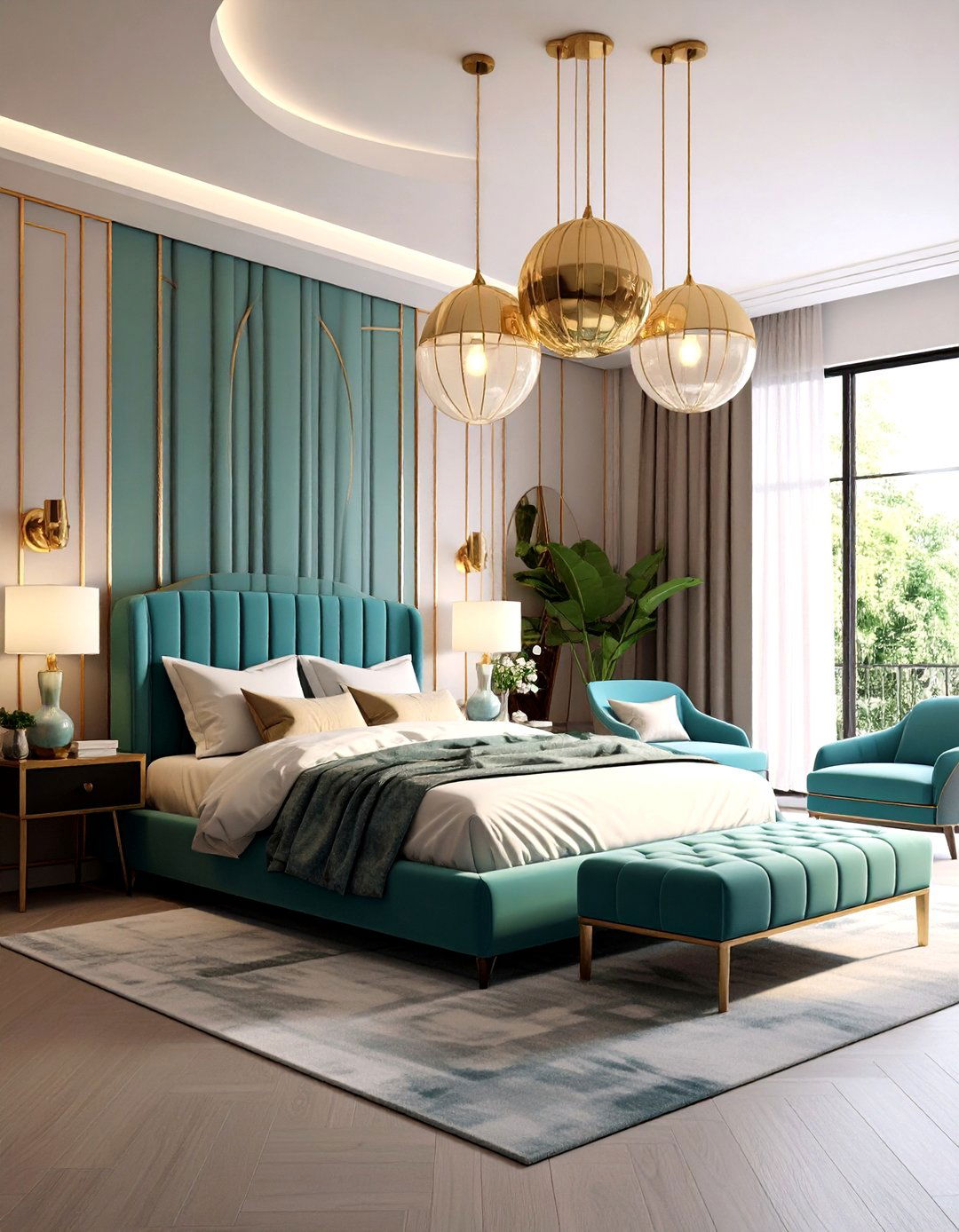 Globe Pendant Clusters Lighting Up an Art Deco Bedroom - 25 art deco bedroom ideas