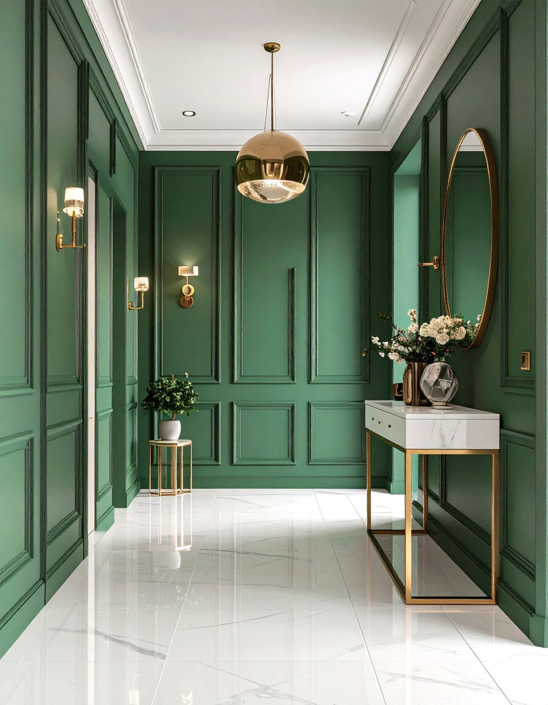 Gloss Trimmed Green Hallway for Soft Shine - 25 green hallway ideas