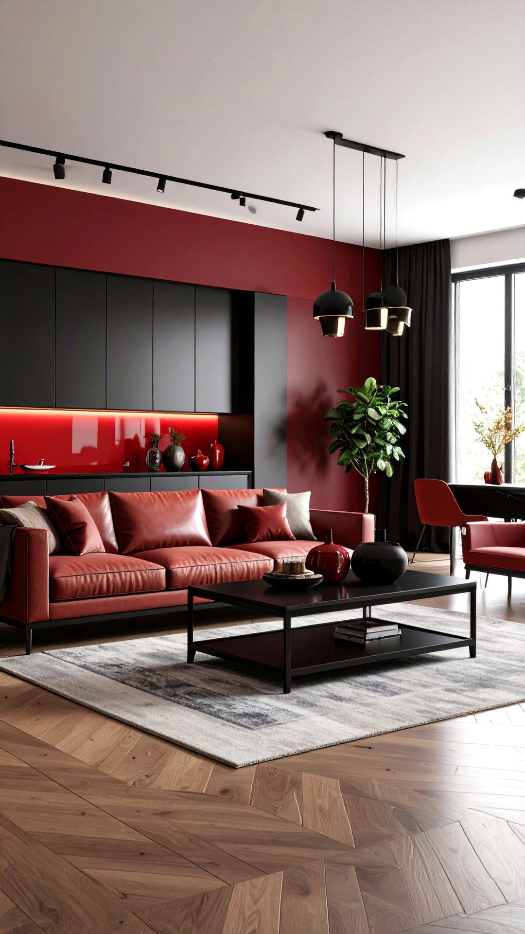 Glossy Black Cabinetry Meets Cherry Decor in the Living Room - 25 black and red living room ideas