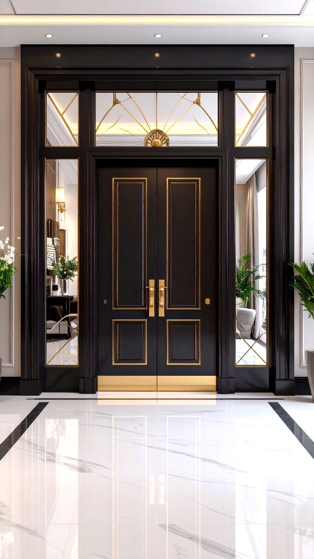 Glossy Black Doors Frame an Art Deco Living Room Entrance - 25 art deco living room ideas