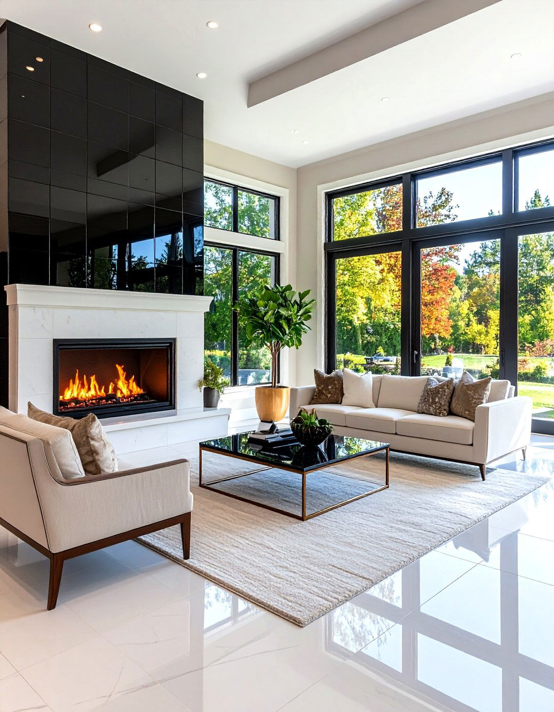 Glossy Black Glass Tile Fireplace Backsplash Reflects the Flames - 25 fireplace backsplash ideas