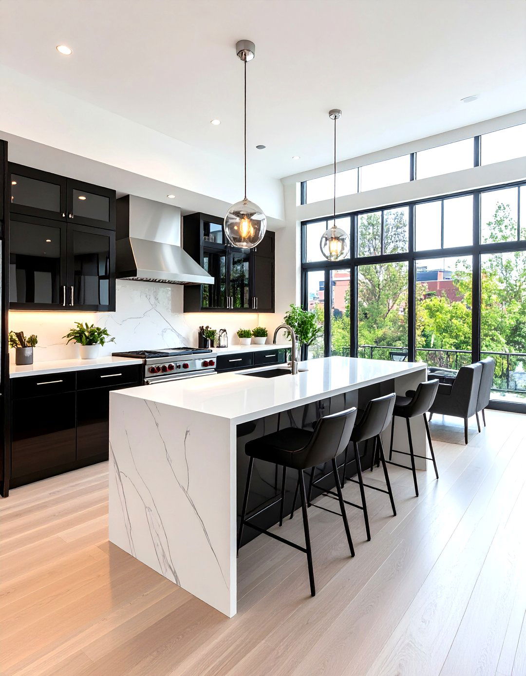 Glossy Black Kitchen Cabinets Paired with Waterfall White Quartz - 25 black kitchen cabinets with white countertops