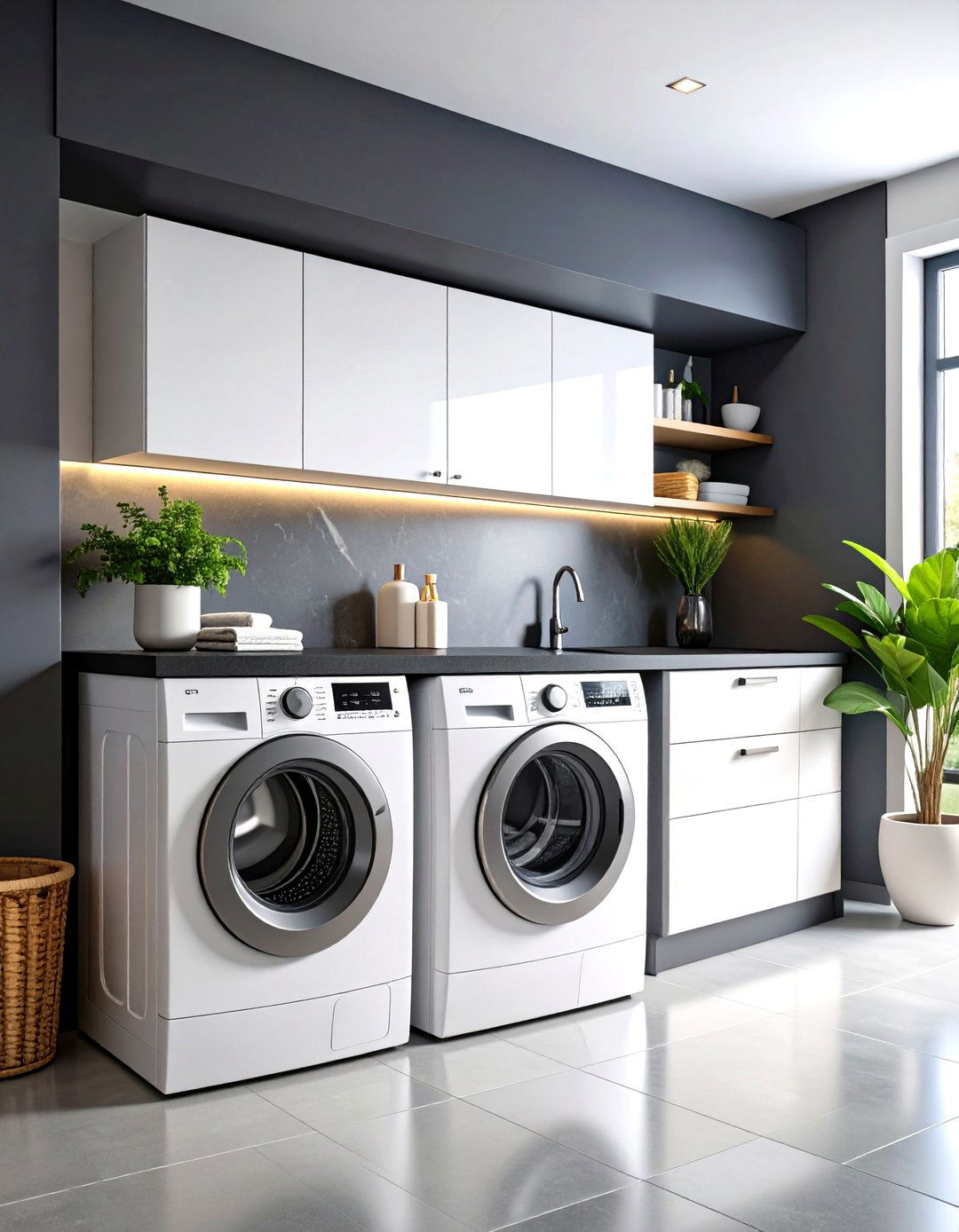 Glossy White Appliances Meet a Black Countertop for Sleek Contrast - 25 black and white laundry room ideas