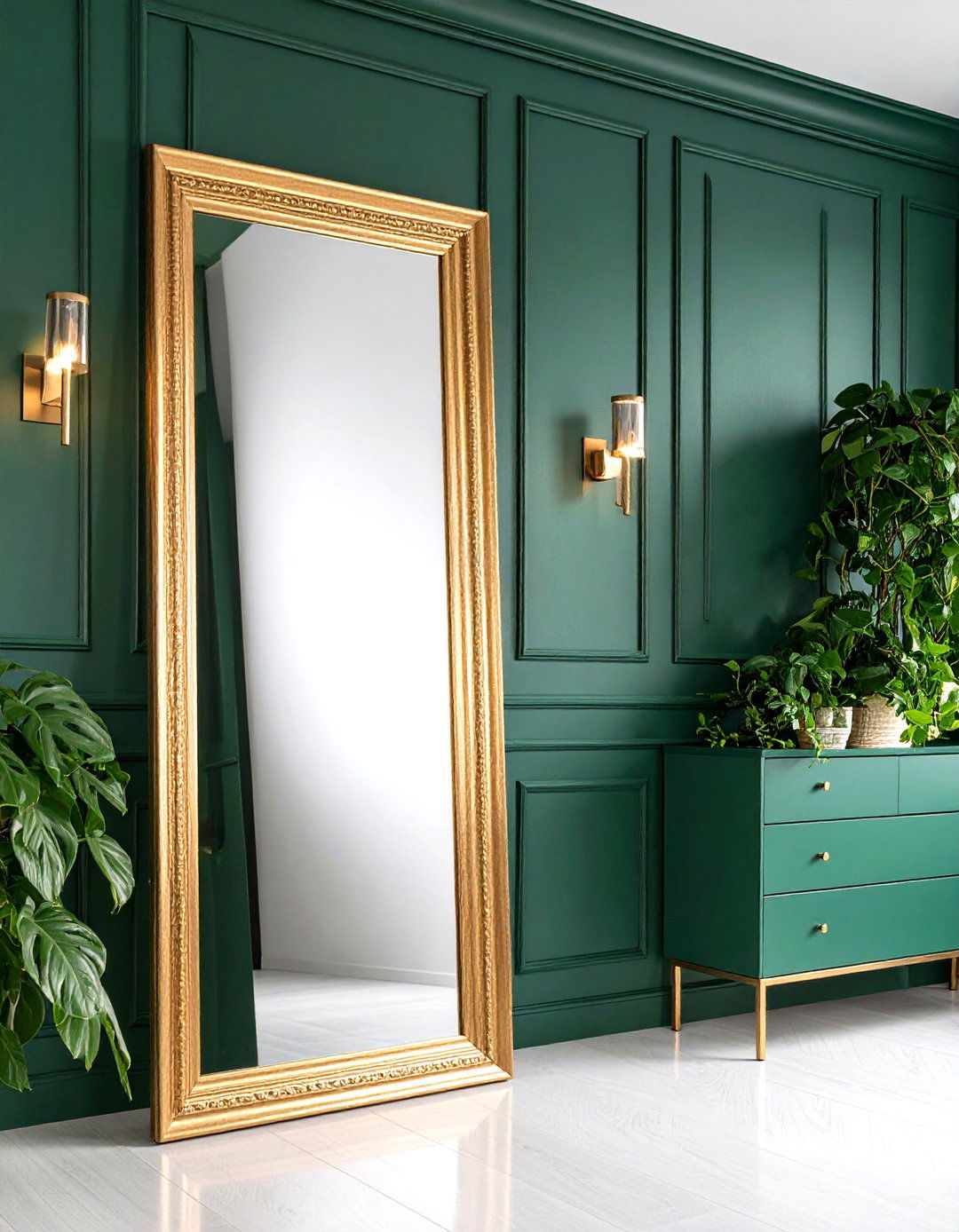 Gold Framed Mirror Against an Emerald Board and Batten Wall - 25 emerald green and gold bedroom ideas