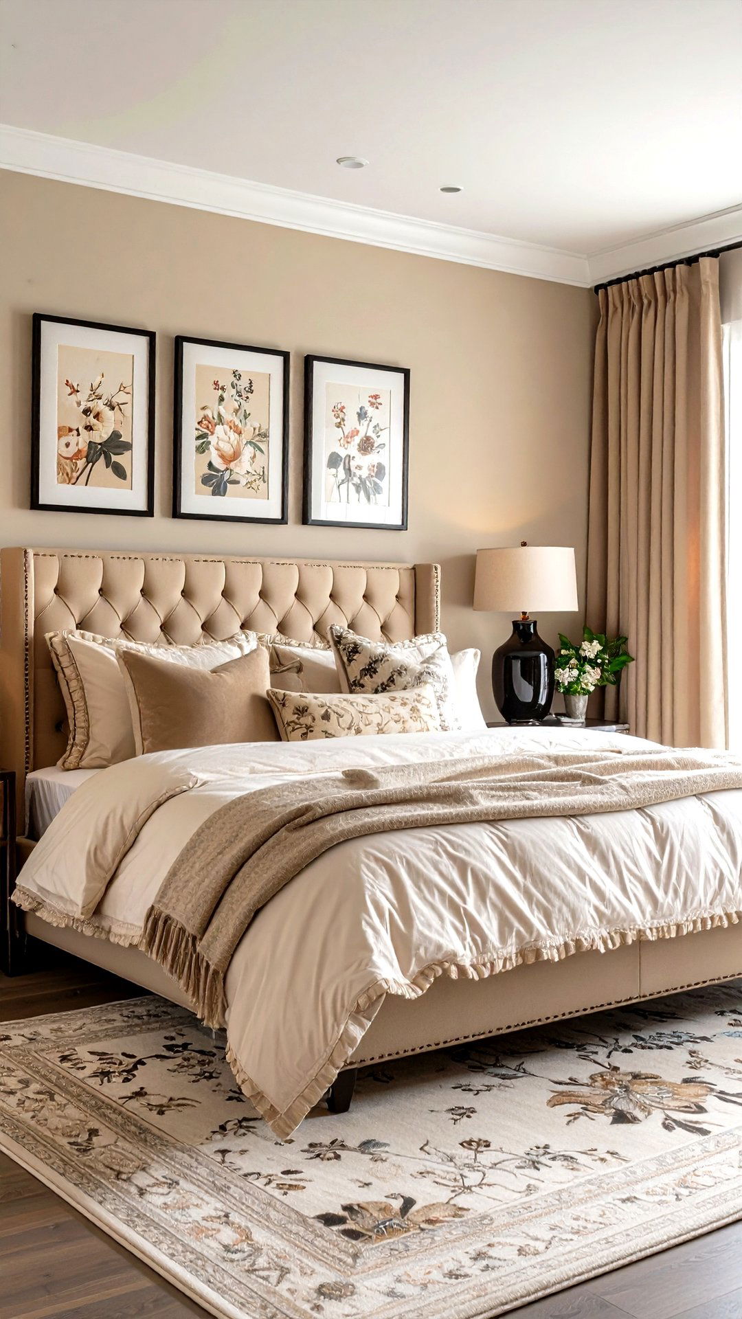 Grandmillennial Florals Refresh a Black and Beige Bedroom - 25 black and beige bedroom design ideas