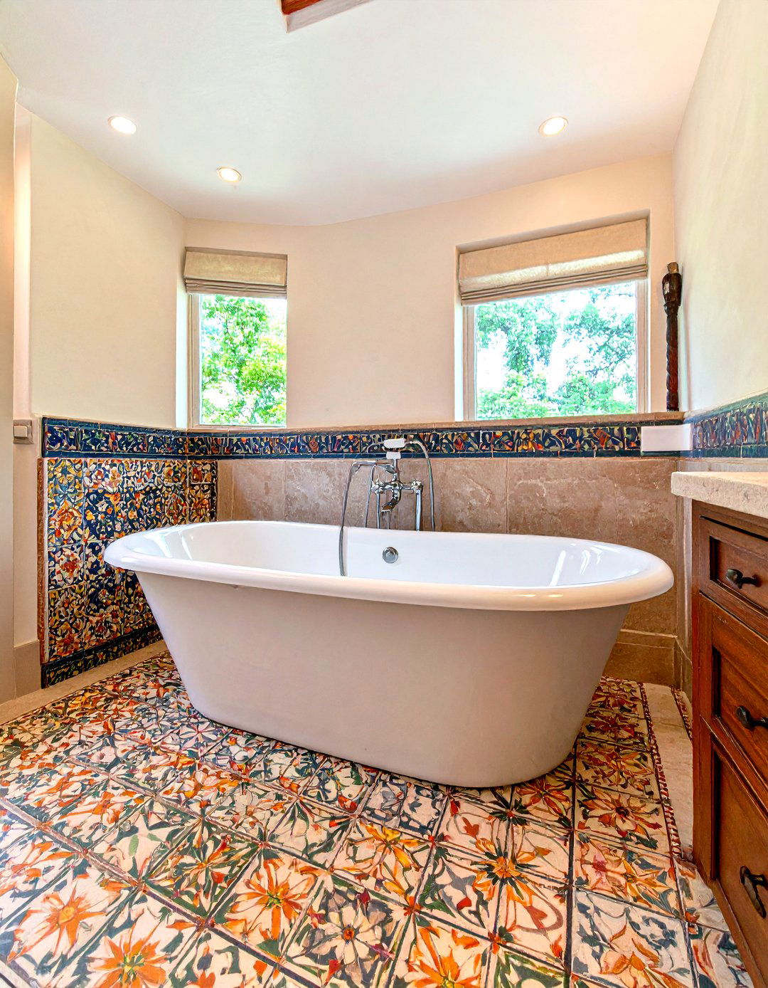Graphic Cement Tile Rug Defines Space - 25 bathroom tile ideas
