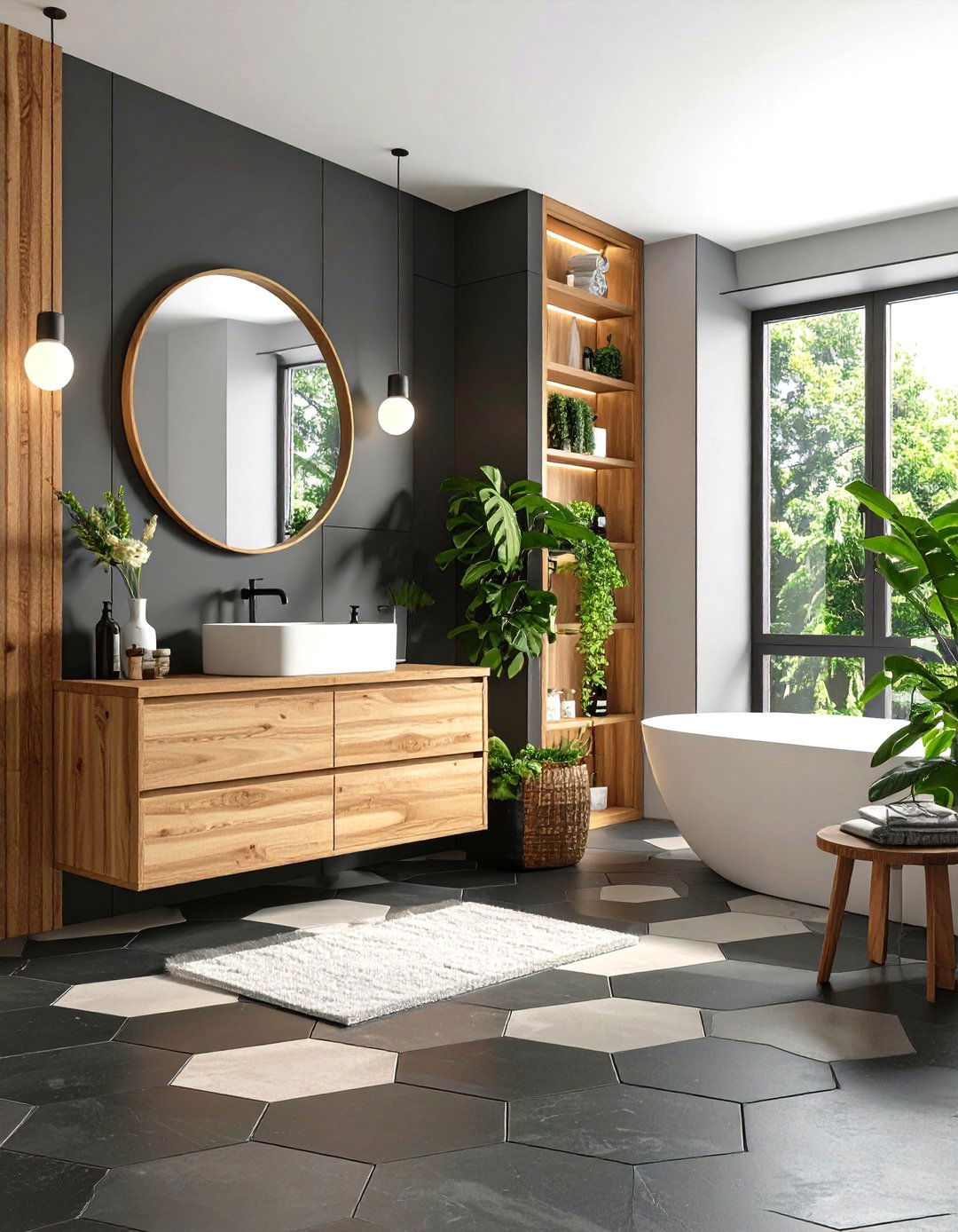 Graphic Hex Tiles Energize Small Black and Wood Bathrooms - 25 black and wood bathroom ideas