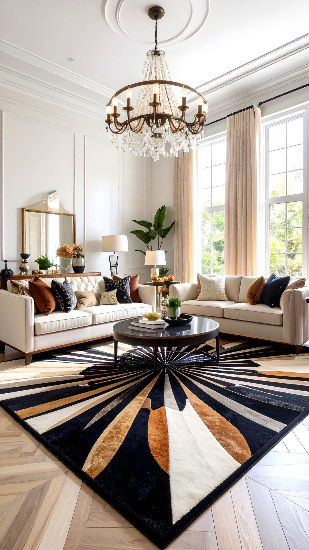 Graphic Rugs Define Zones in an Art Deco Living Room - 25 art deco living room ideas