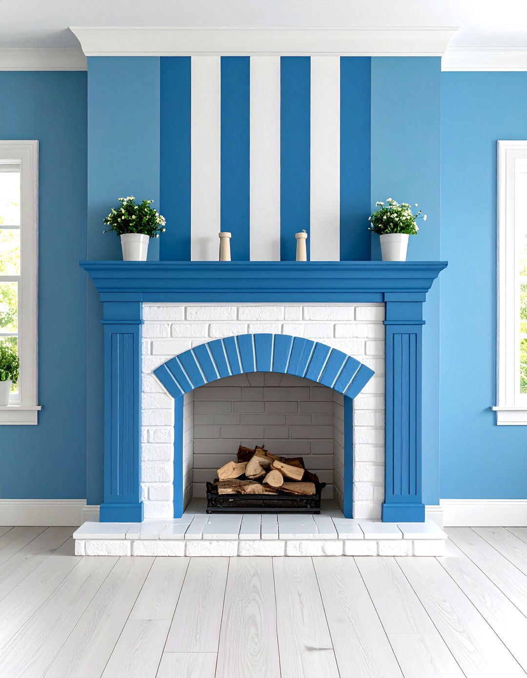 Graphic Stripes on Brick Fireplace - 25 painted brick fireplace ideas