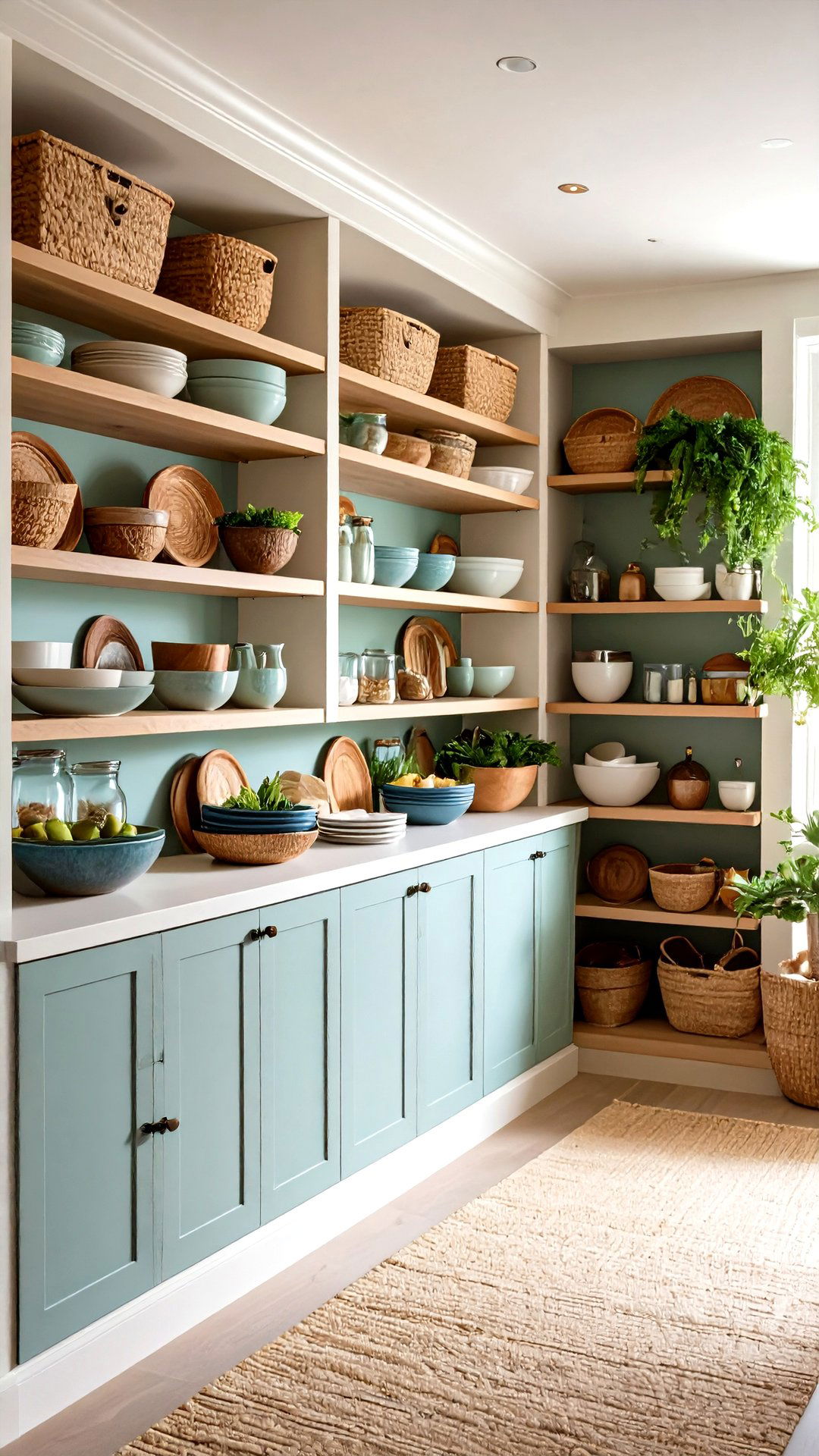 Grasscloth Accents Inside a Pantry Niche - 25 coastal kitchen ideas