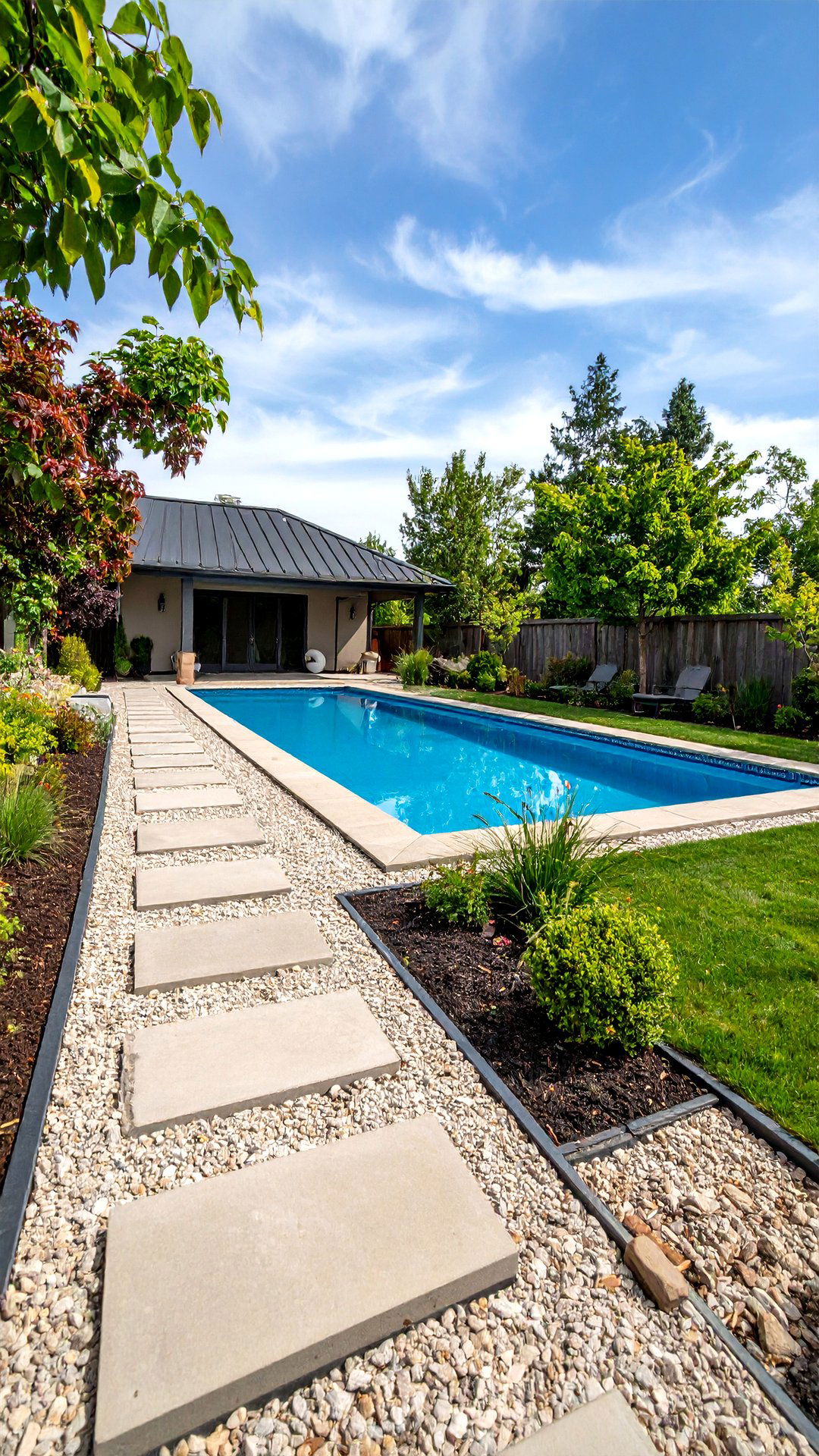 Gravel Drainage Path With Metal Edging - 25 above ground pool walkway ideas