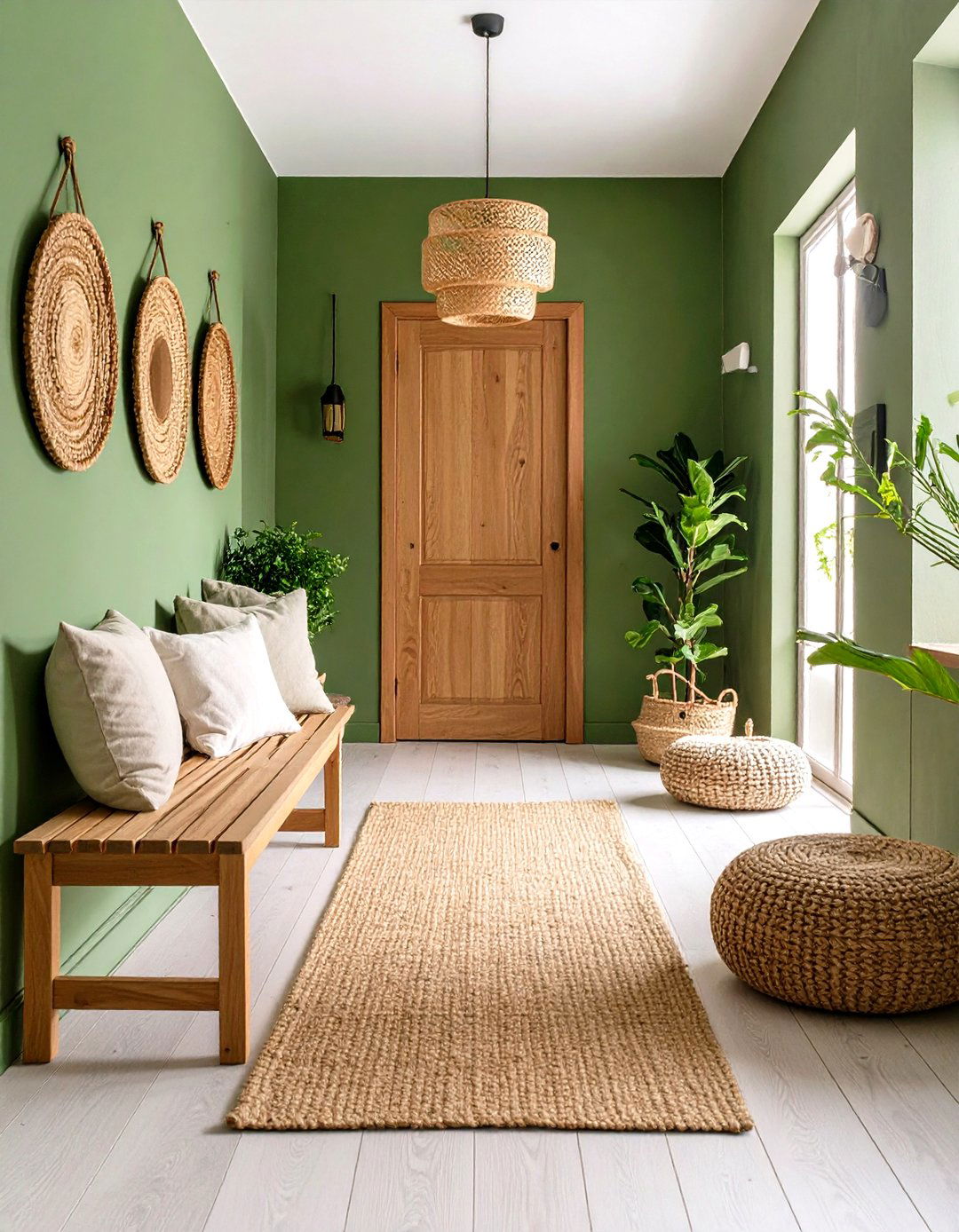 Green Hallway Paired with Natural Wood - 25 green hallway ideas