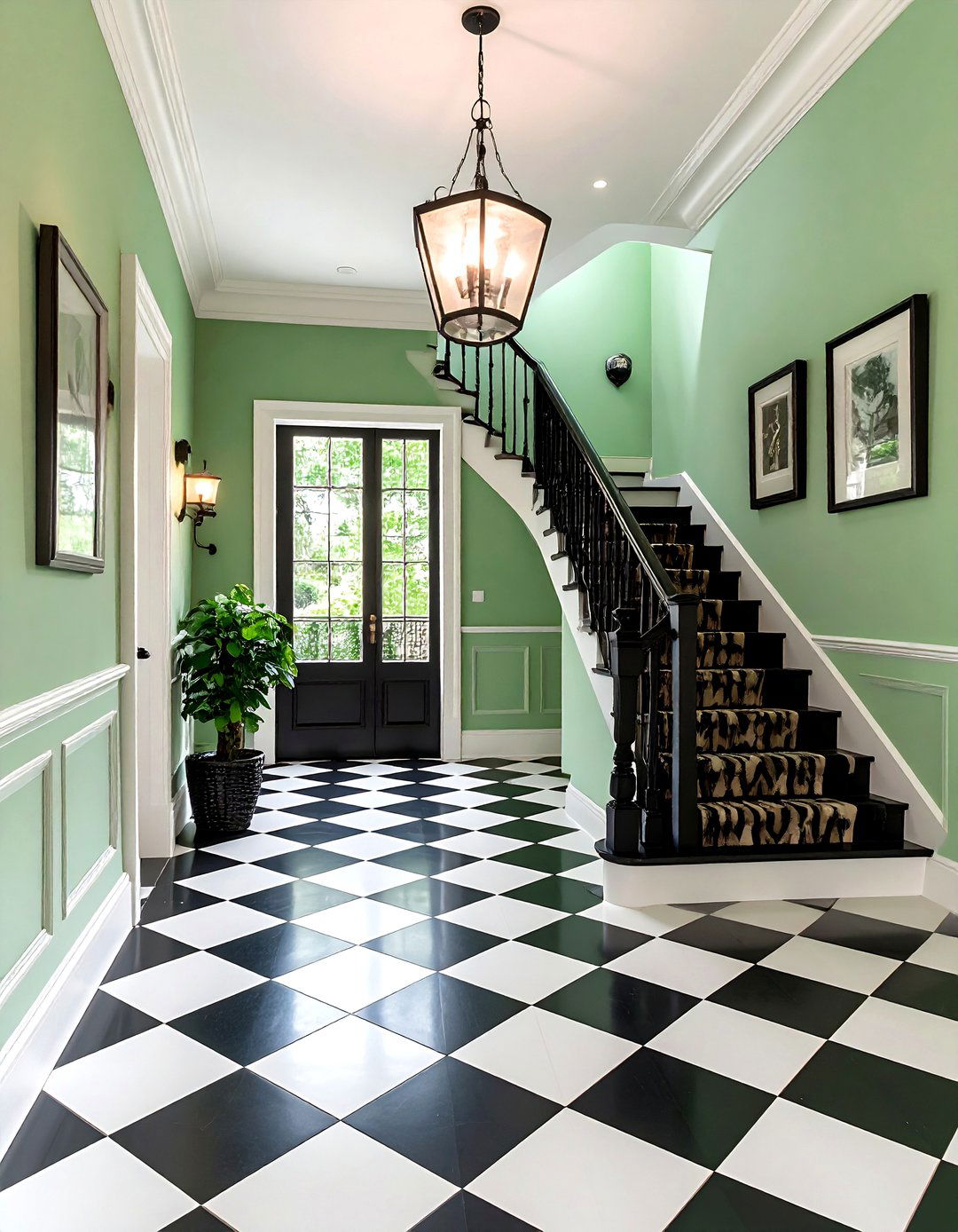 Green Hallway with Checkerboard Statement Floor - 25 green hallway ideas