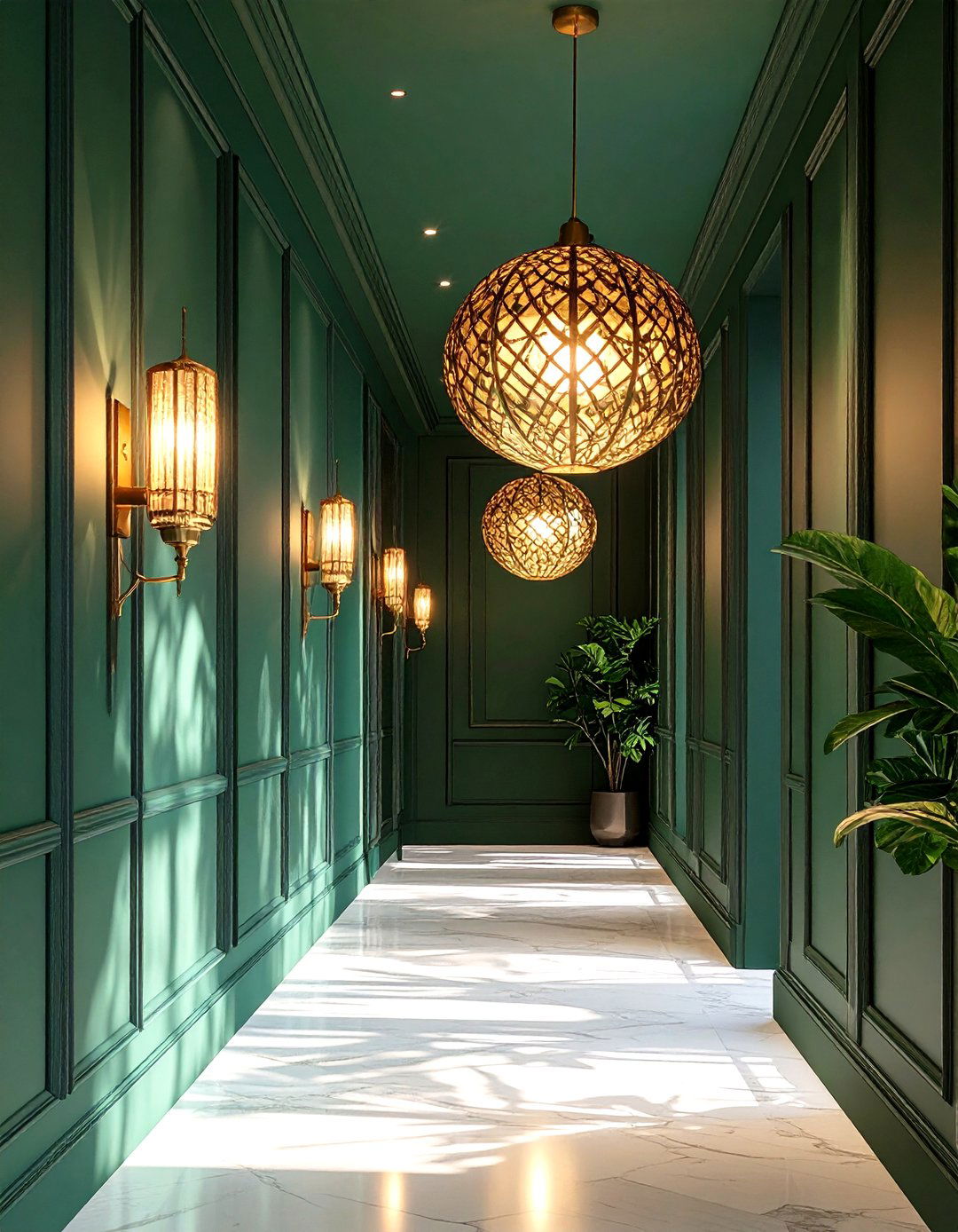 Green Hallway with Statement Lighting - 25 green hallway ideas