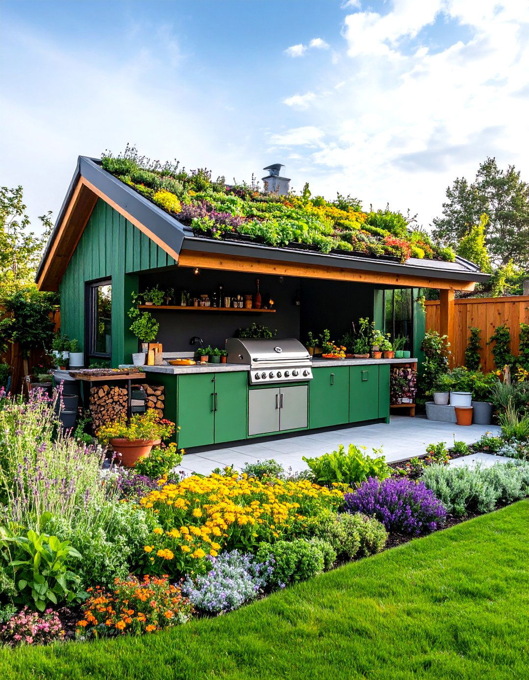 Green Living Roof Grows Herbs Above the Pizza Oven - 25 outdoor kitchen roof ideas
