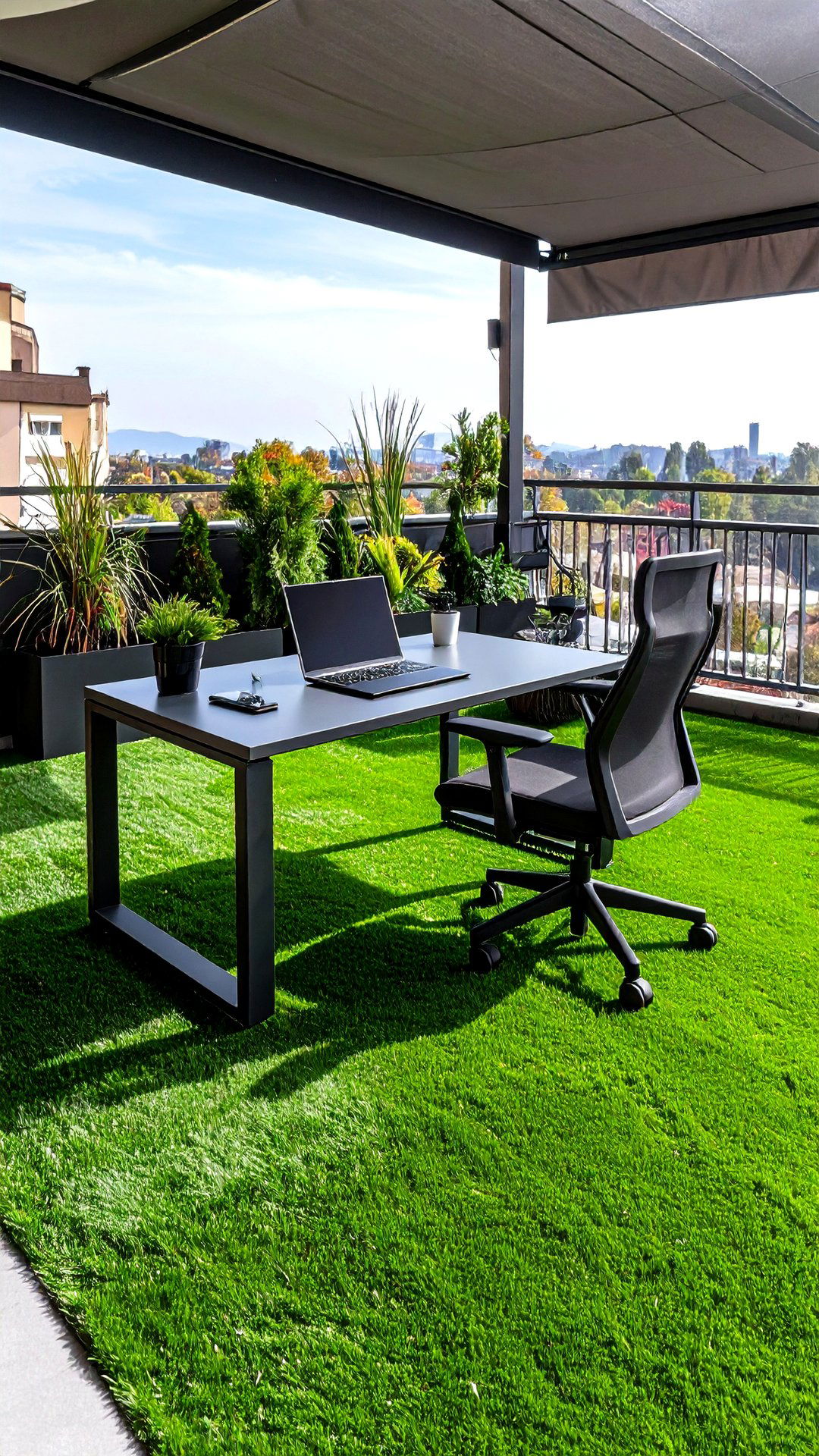 Green Office Workspace on the Balcony - 25 artificial grass balcony design