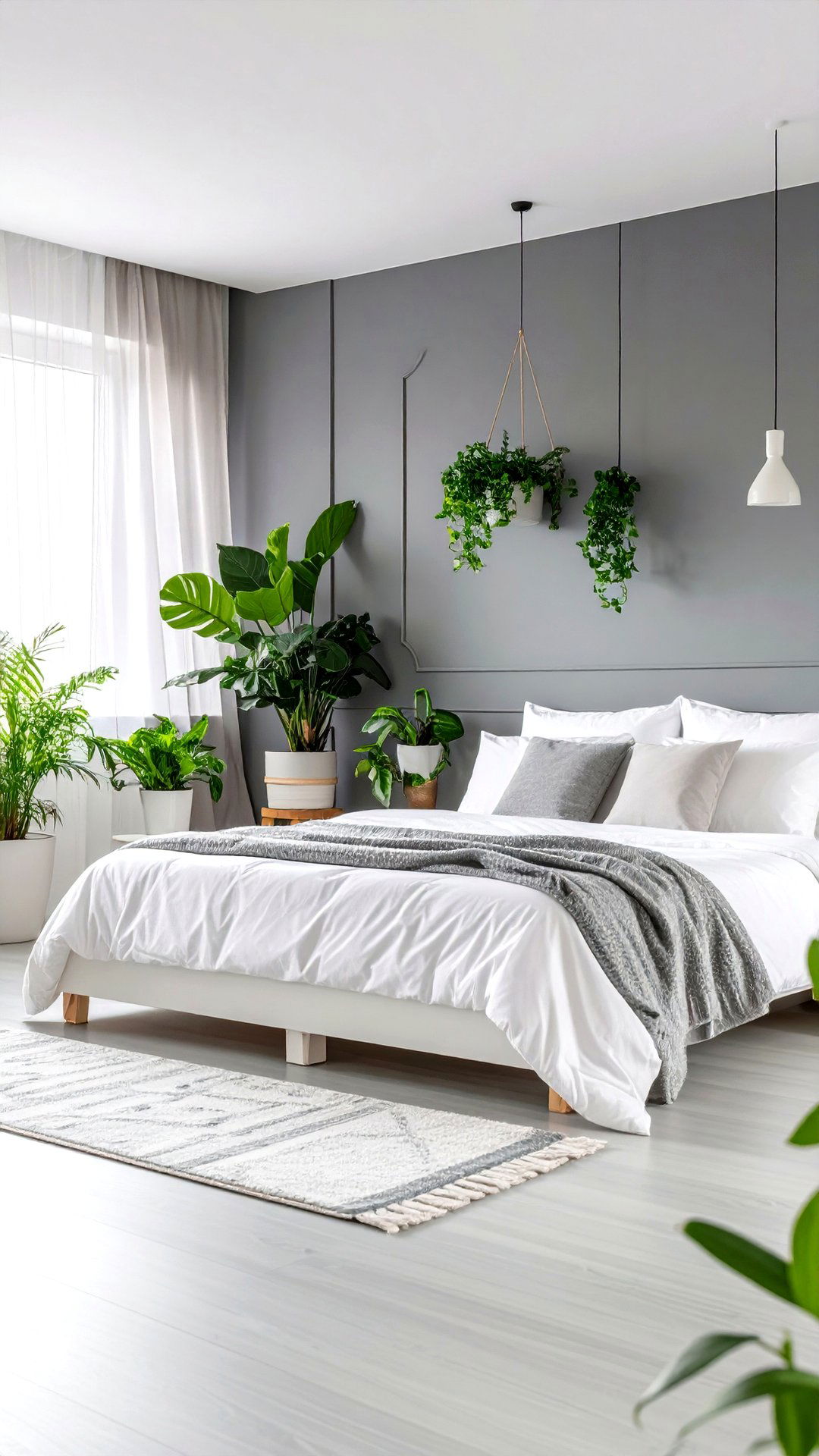 Greenery and Plants Refresh a Grey and White Bedroom - 25 grey and white bedroom ideas