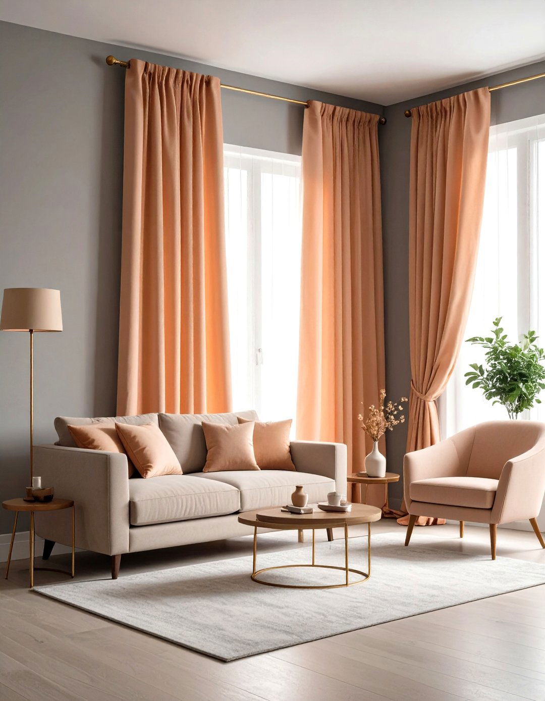 Greige Walls Paired with Apricot Drapery for Soft Warmth - 25 orange and grey living room ideas