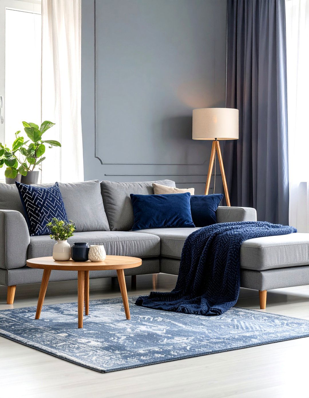 Grey Sectional Navy Accents for Easy Family Living - 25 navy blue and grey living room ideas