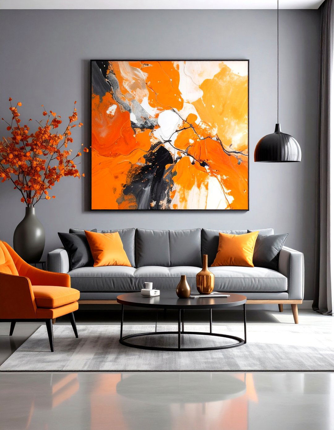 Grey Walls Framed by Oversized Orange Abstract Art - 25 orange and grey living room ideas