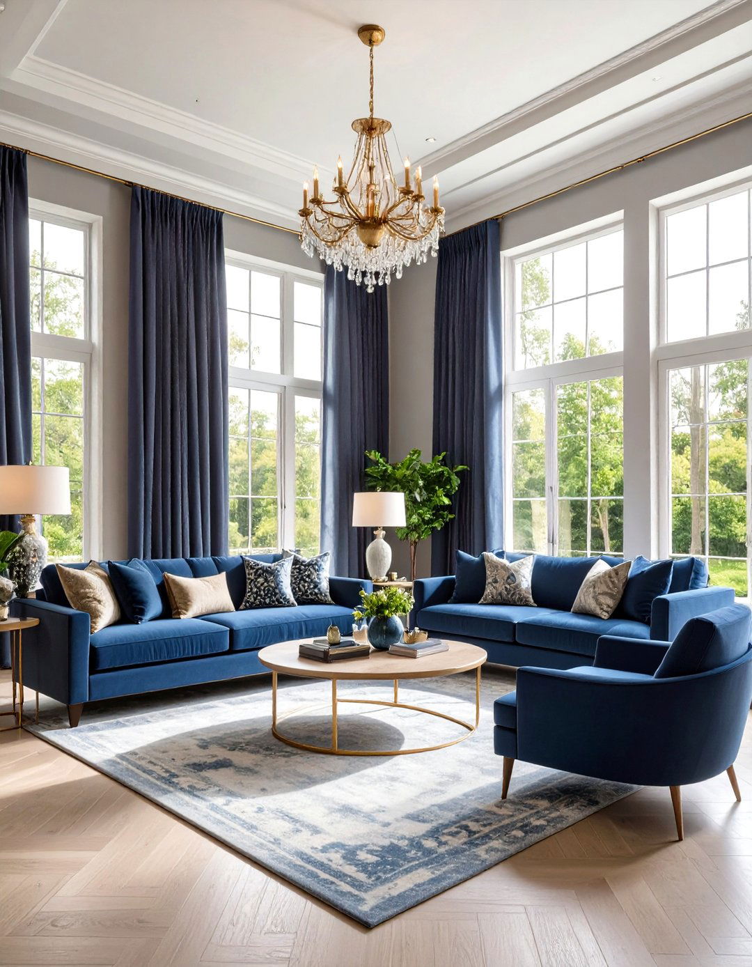 Grey Walls Navy Drapes for Height Illusion - 25 navy blue and grey living room ideas