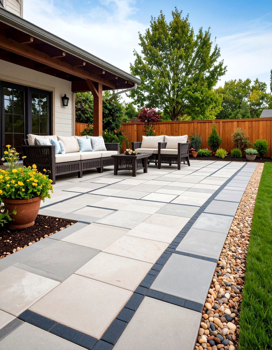 Grid Pattern Faux Paver Painted Concrete Patio - 25 painted concrete patio ideas