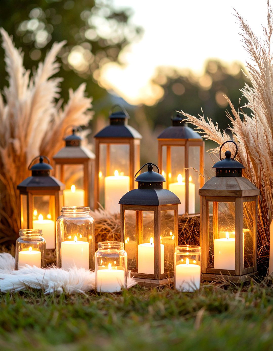 Ground Cluster Jar Lanterns - 25 pampas grass wedding decor ideas