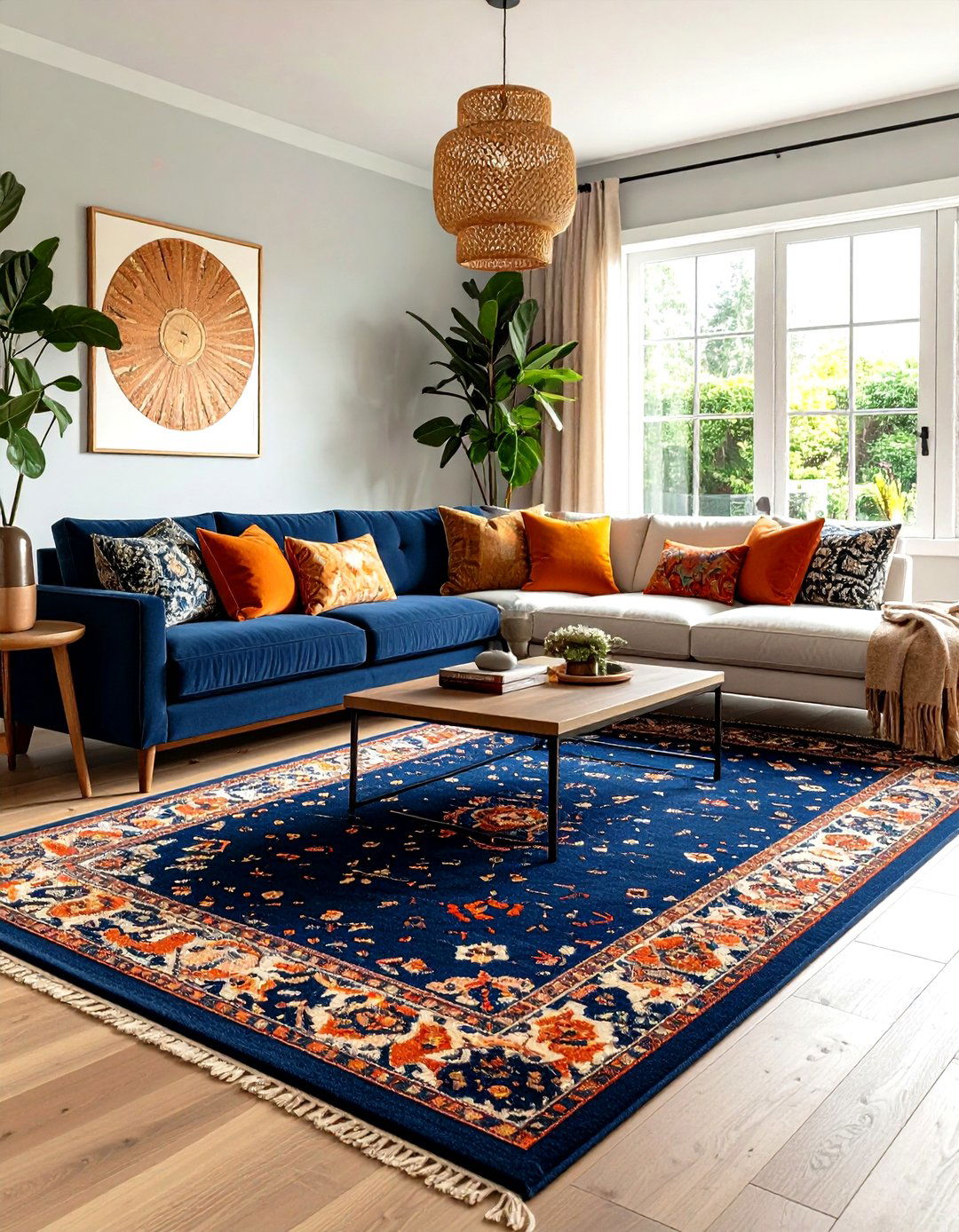 Ground the Scheme Around an Oversized Area Rug - 25 orange and blue living room ideas