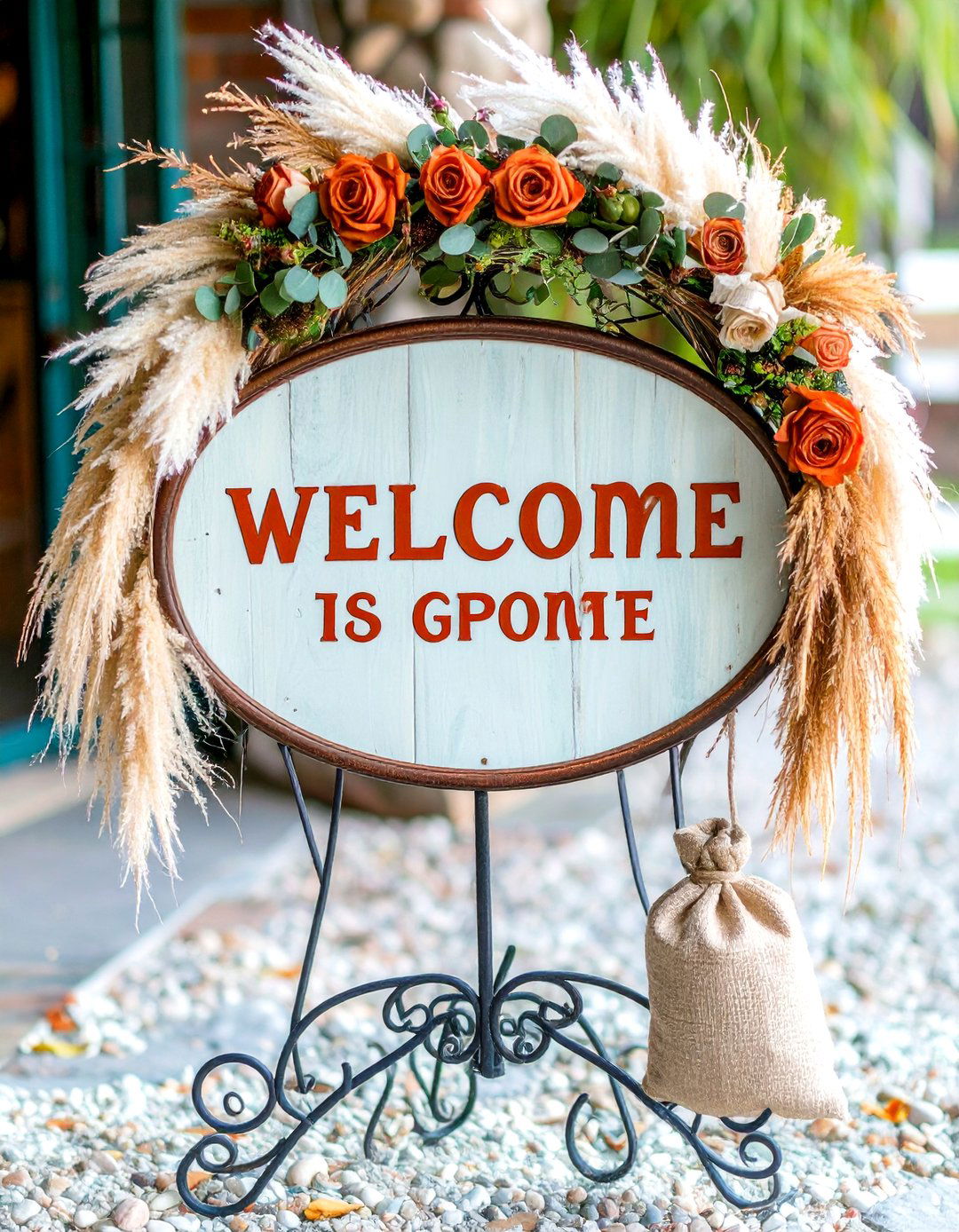 Guest Welcome Sign with Pampas Halo - 25 pampas grass wedding decor ideas