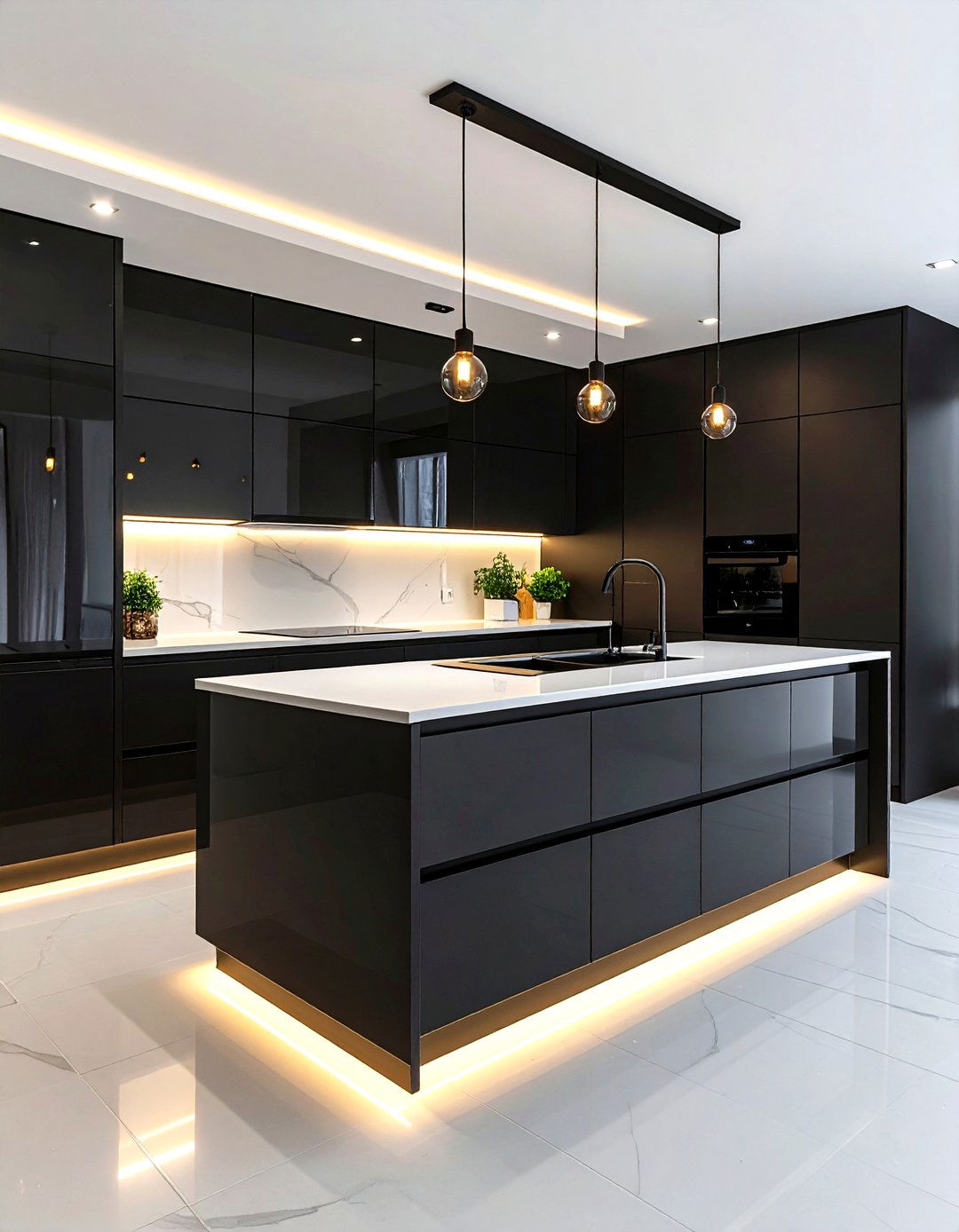 Handle Less Gloss Cabinets for Ultra Modern Lines - 25 black and white kitchen ideas