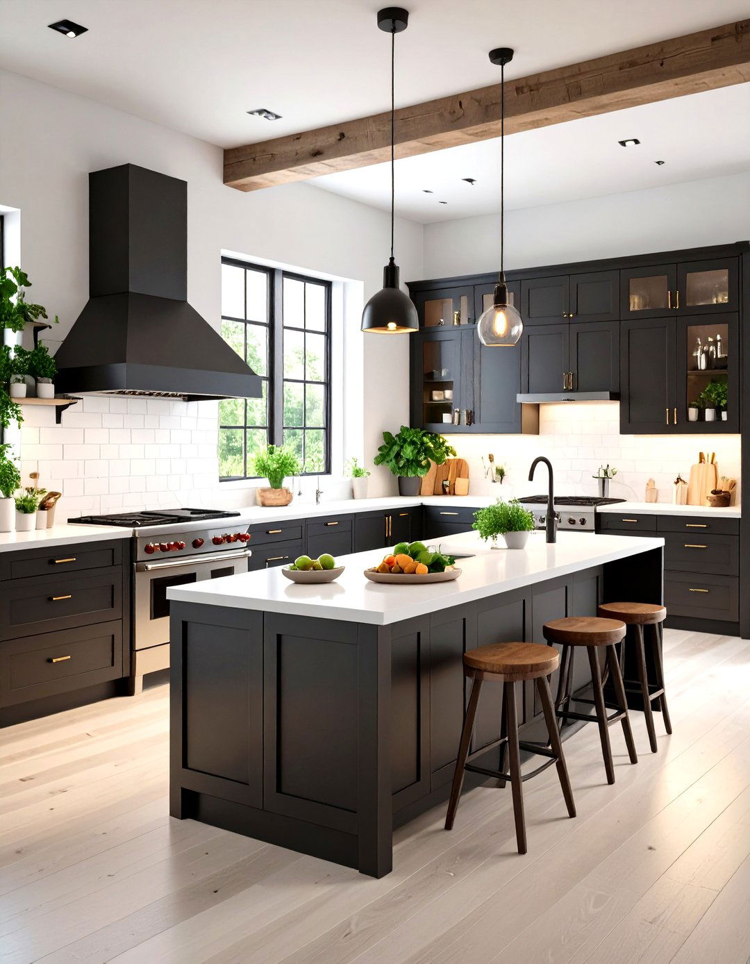 Handleless Black Kitchen Cabinets and Crisp White Solid Surface Tops - 25 black kitchen cabinets with white countertops