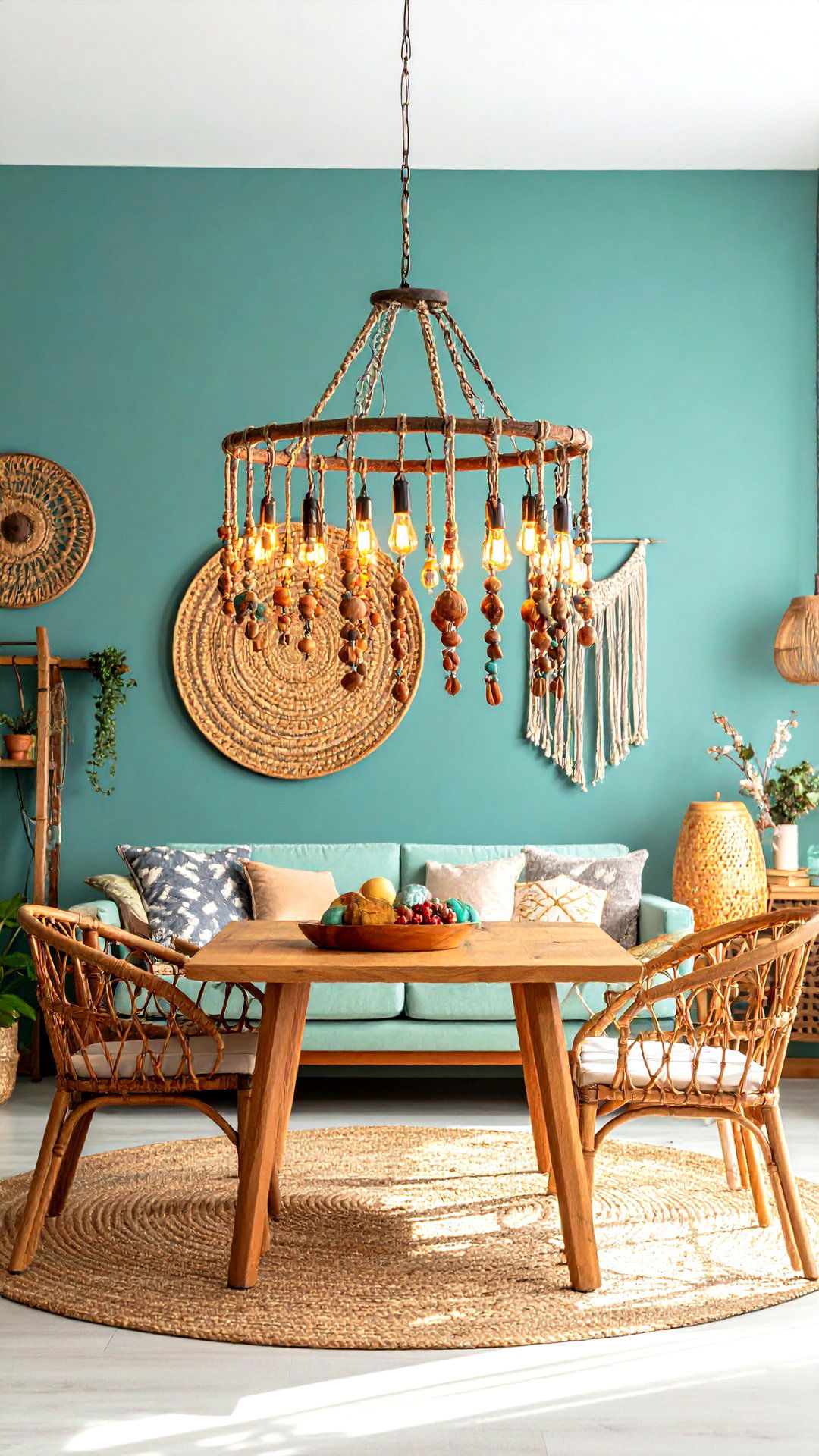 Hang Beaded Chandeliers From the Boho Living Room Ceiling - 25 colorful boho living room ideas