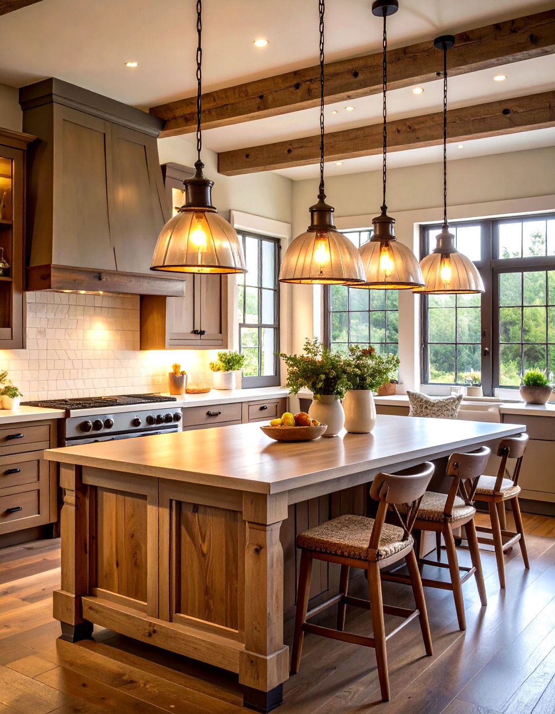 Hang Vintage Style Pendants for Gentle Glow - 25 farmhouse kitchen ideas