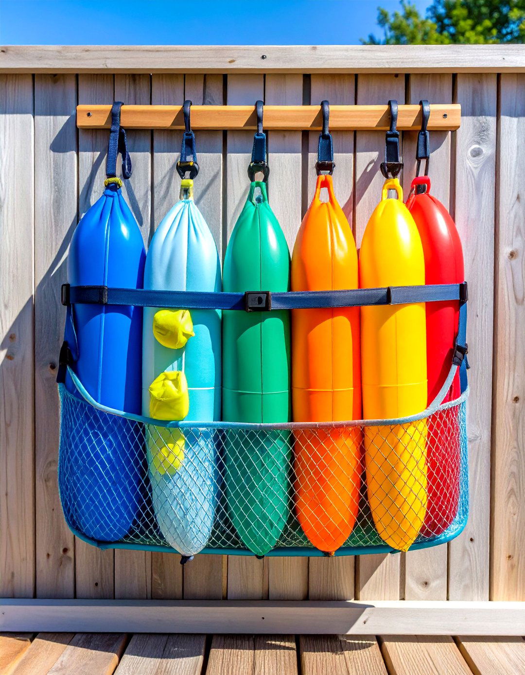 Hanging Mesh Bag Corrals Pool Floats Off the Ground - 25 outdoor toy storage ideas