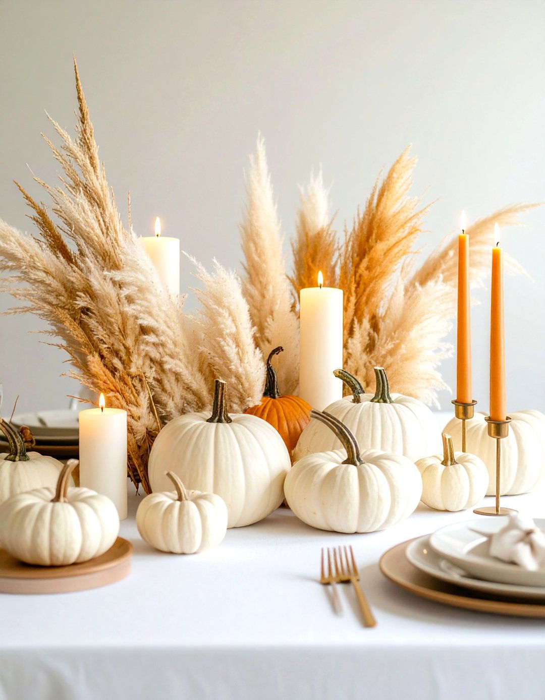 Harvest Table Centerpiece Combining Pumpkins and Pampas Grass - 25 pampas grass decor ideas