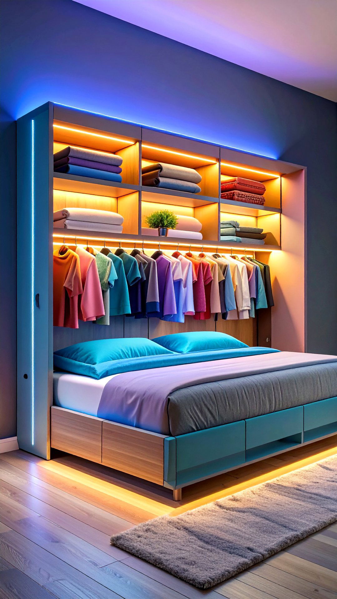 Headboard Shelving with Hidden Clothes Storage Compartments - 25 clothes storage ideas