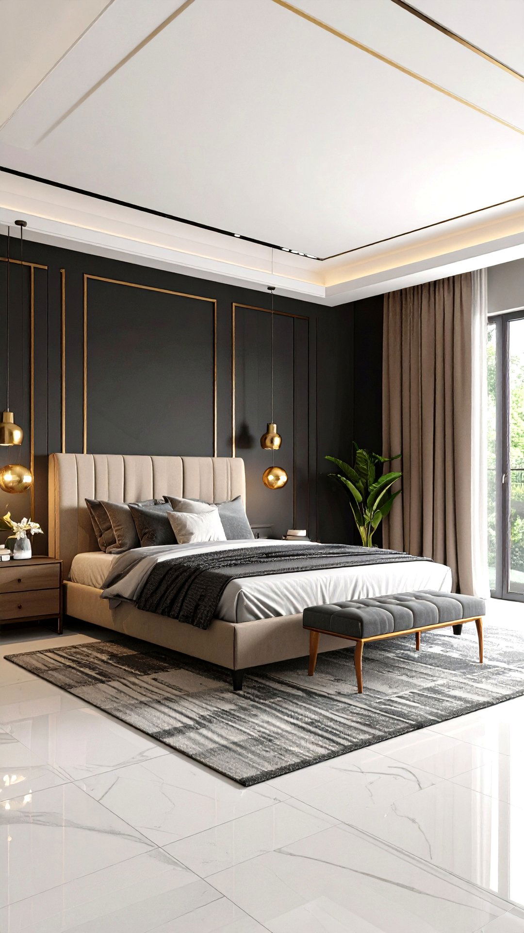 Headboard to Ceiling Wrap - 25 black accent wall bedroom ideas