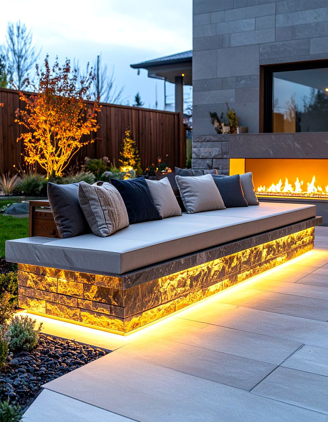 Heated Stone Bench Integrating Radiant Warmth