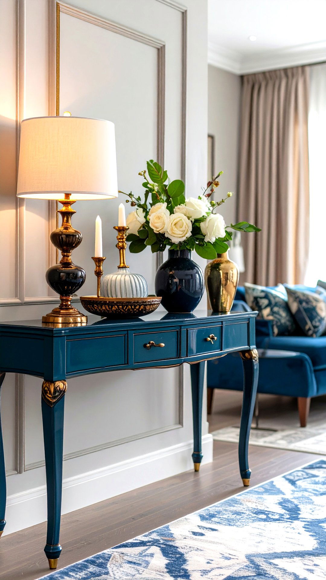 Height Play with Staggered Lamps and Vases - 25 console table decor ideas