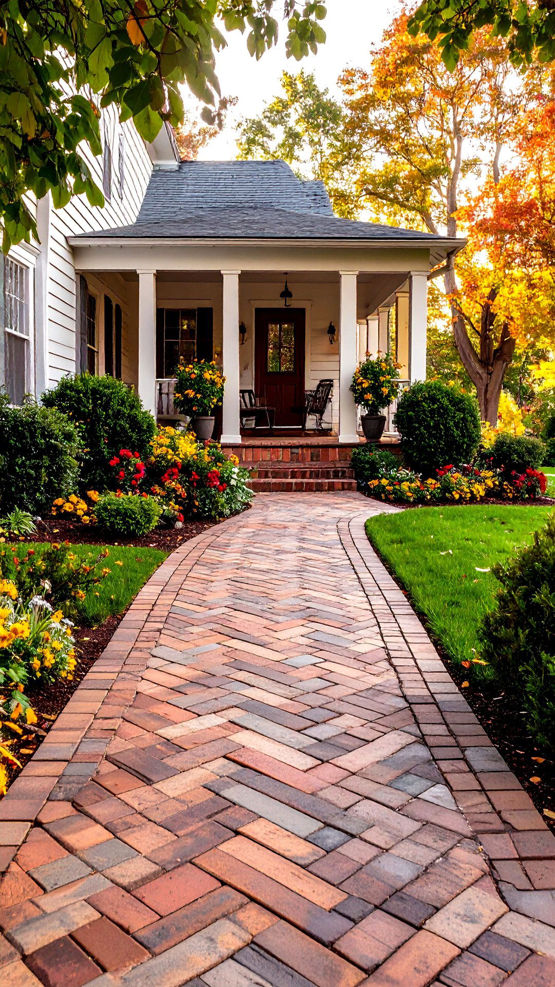 Herringbone Brick Walkway Leads the Eye Home - 25 colonial front porch ideas