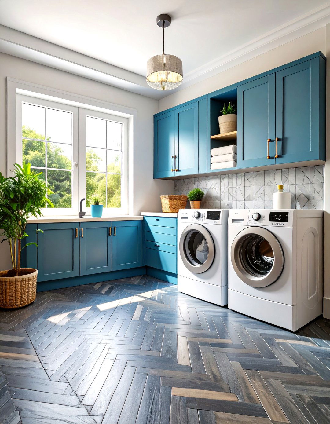 Herringbone Slate Tile Floor Laundry Room - 25 dark & moody laundry room ideas