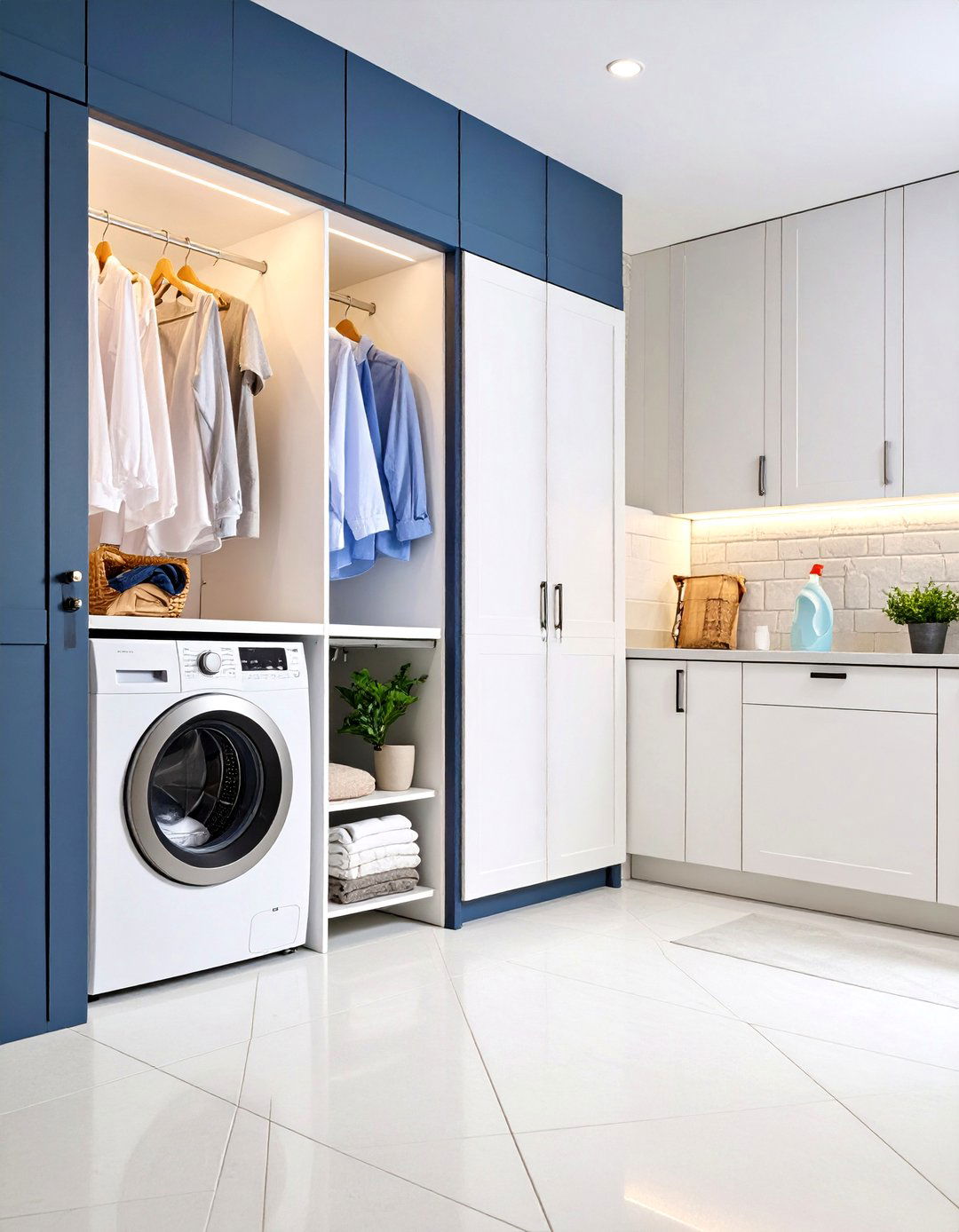 Hidden Ironing Board Behind a Black Paneled Door Saves Space - 25 black and white laundry room ideas