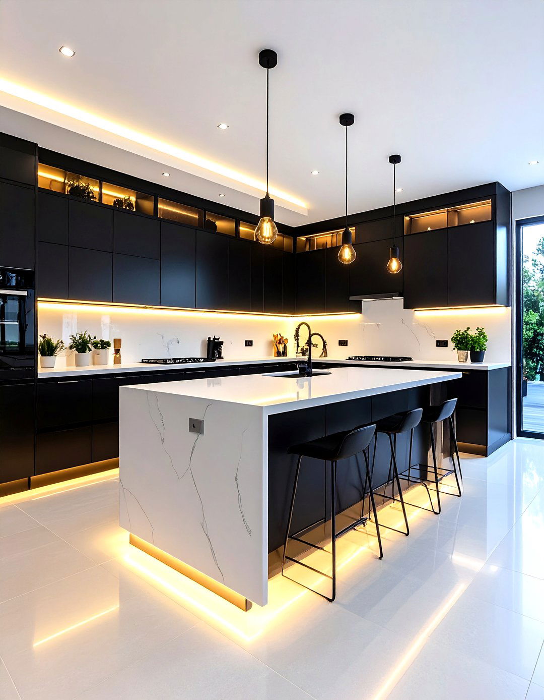 High Gloss Black Cabinets with White Counters and LED Strip Lighting - 25 black kitchen cabinets with white countertops