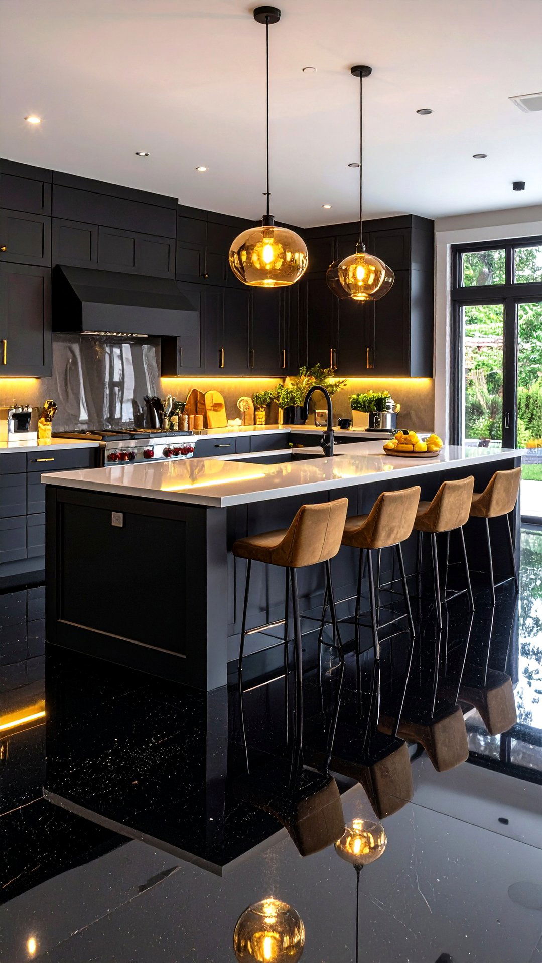 High Gloss Epoxy Mirror - 25 black floor kitchen ideas