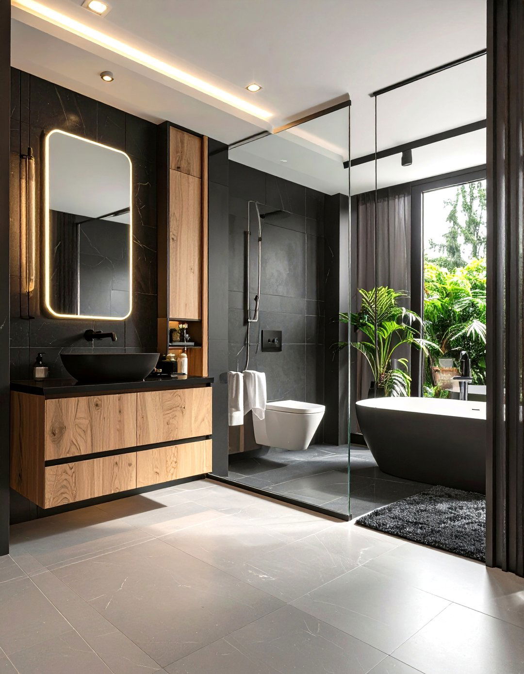 Hospitality Inspired Black and Wood Bathroom Mixed Materials - 25 black and wood bathroom ideas