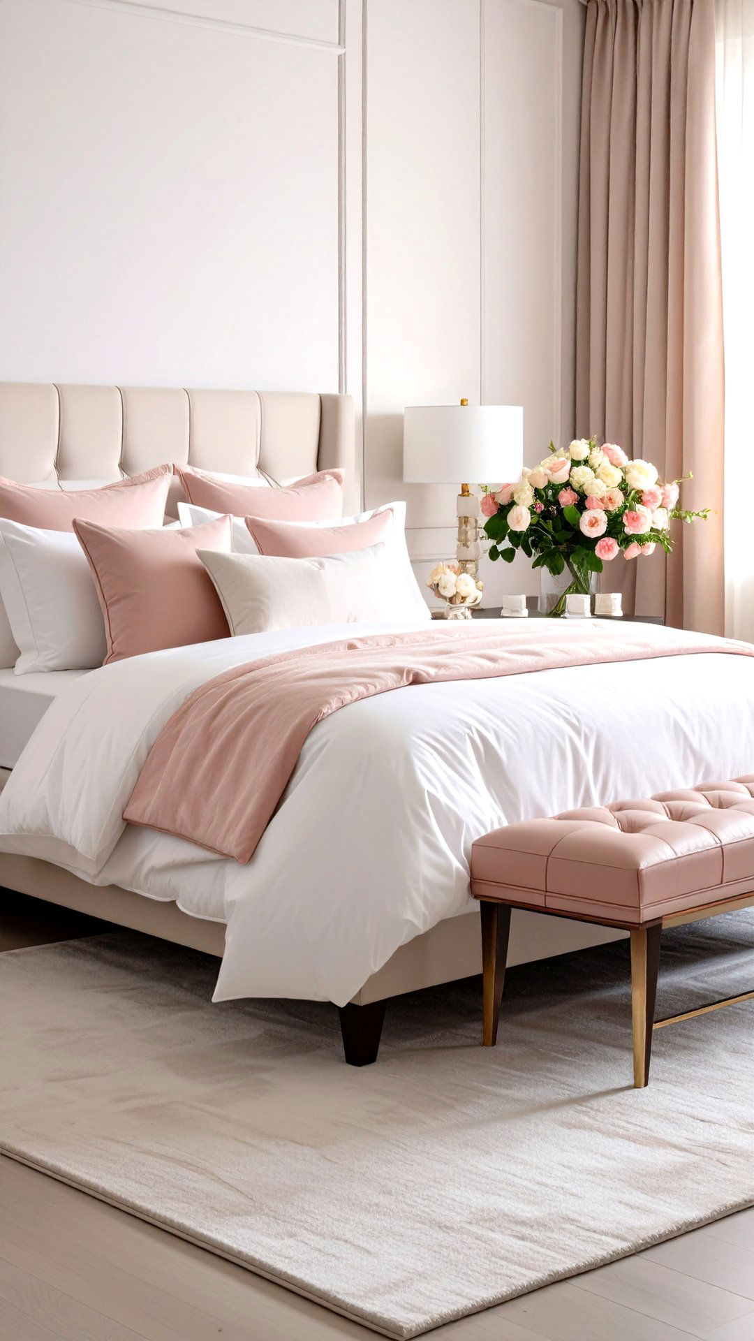 Hotel Style Layered Blush and White Linens - 25 blush pink bedroom ideas