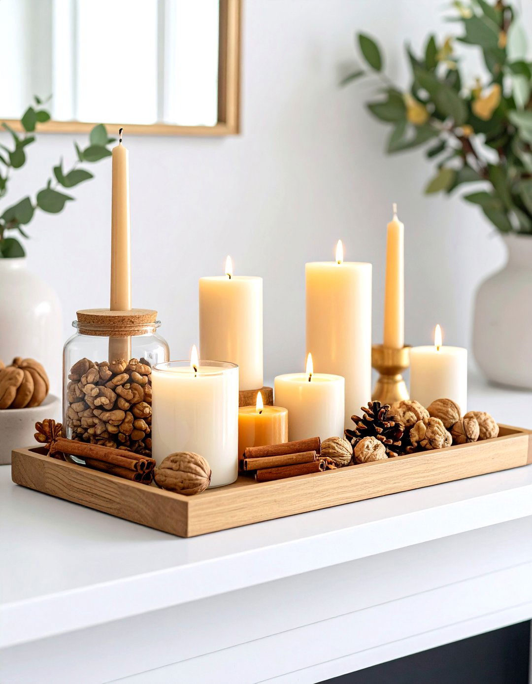 Hygge Candle Cluster Mantel - 25 fall mantel decor ideas