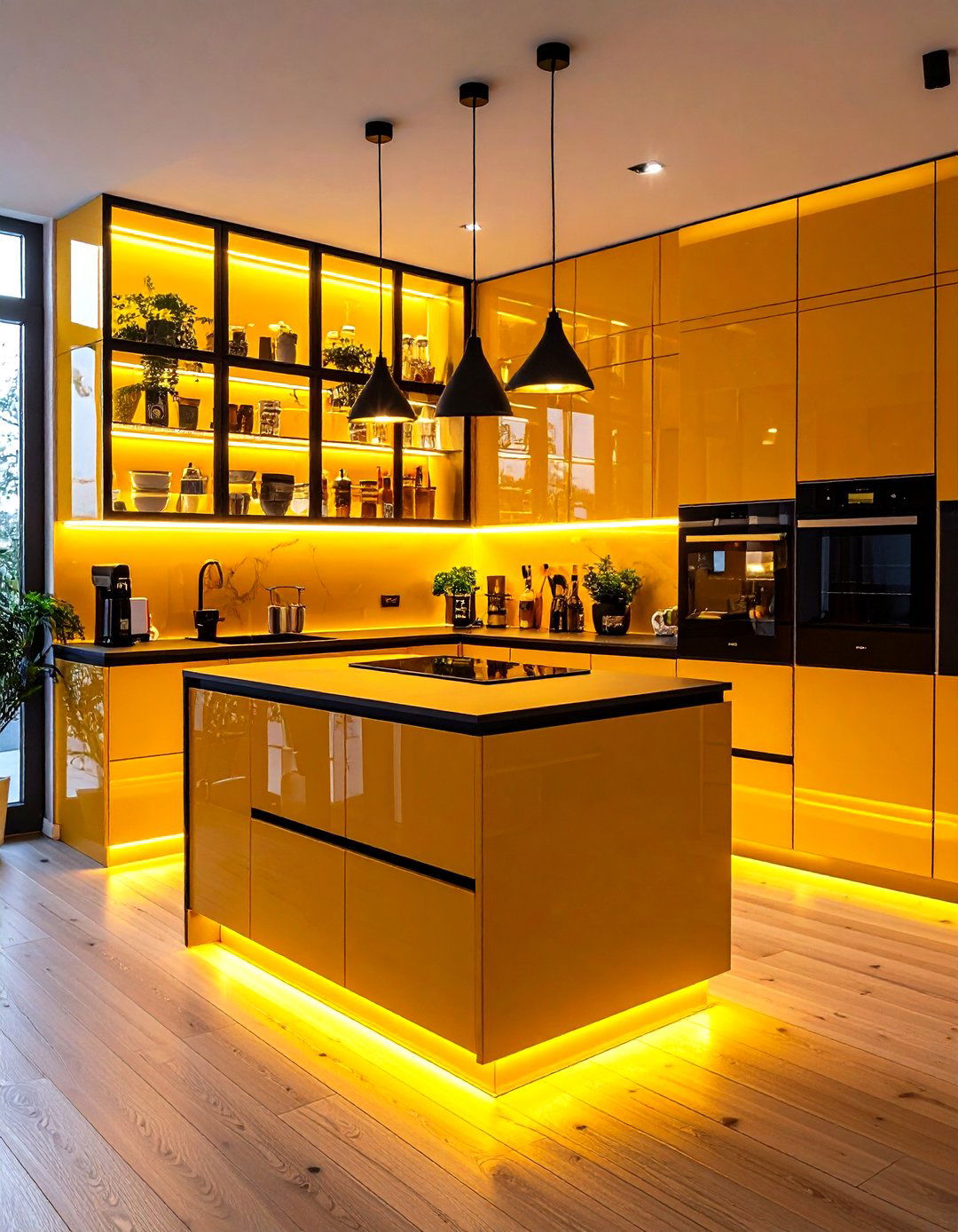 Illuminate Glass Front Cabinets with Yellow Inside - 25 pale yellow kitchen ideas